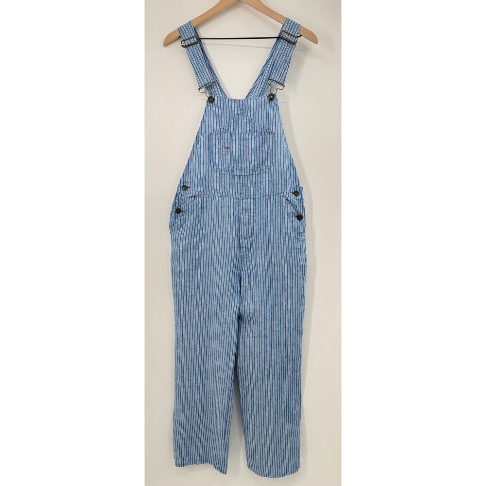 Faherty Blue Linen Mechanic Overalls Skyway Railroad Stripe Jumpsuit Small - Picture 2 of 11